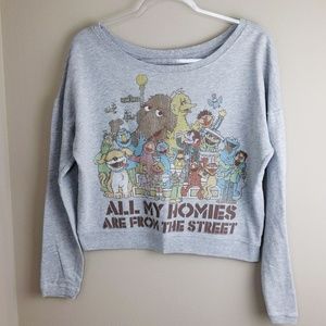 Cropped Sesame Street Graphic Sweatshirt Wide Neck